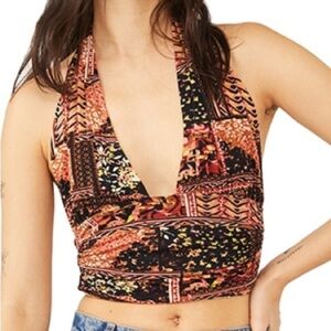 Free People sz S plunge neckline crop Heather Printed Halter Top in Bronze Combo